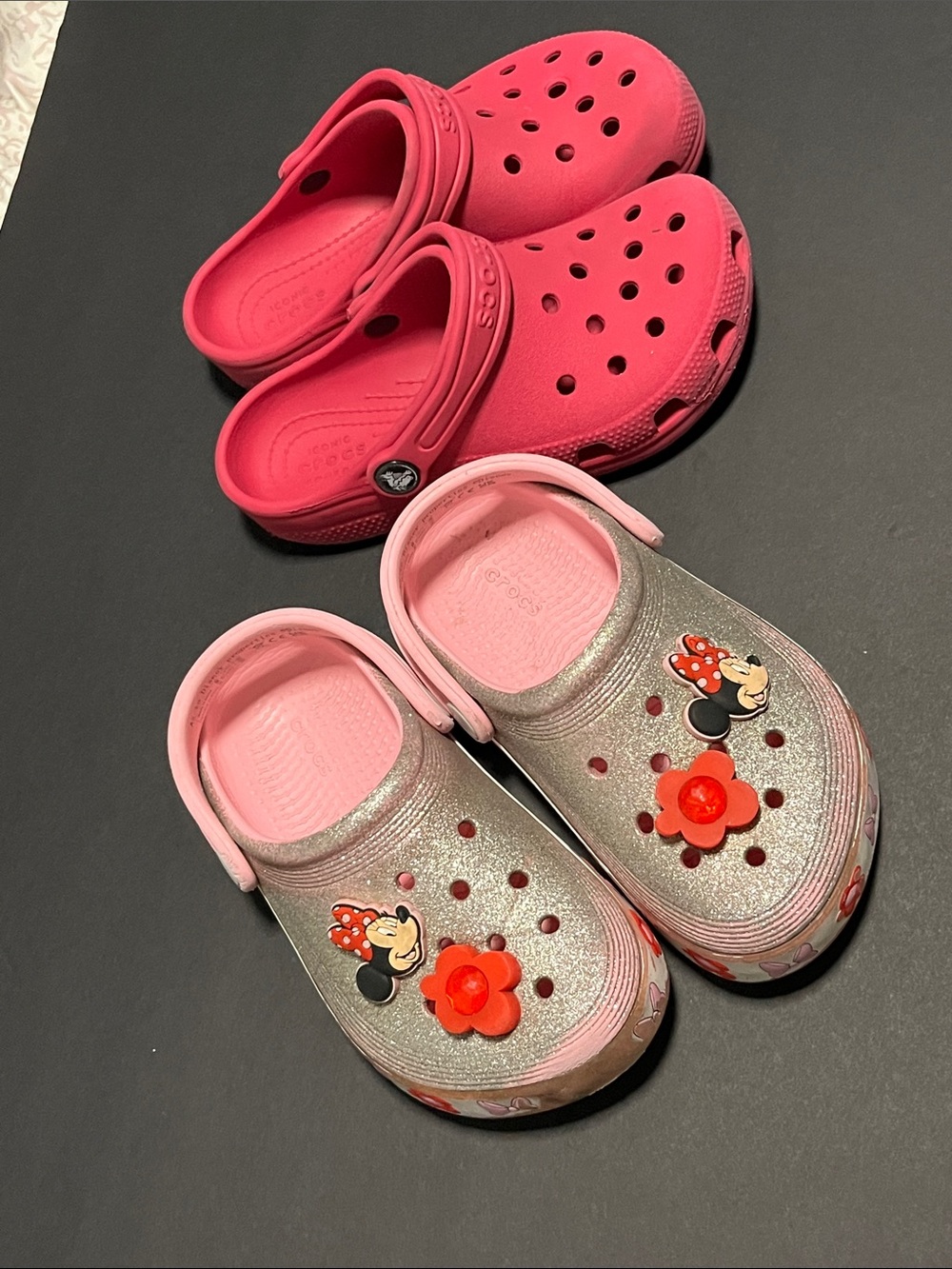 CROCS Kids' Button Clog Duo in Hot Pink and Silver with Minnie Accents